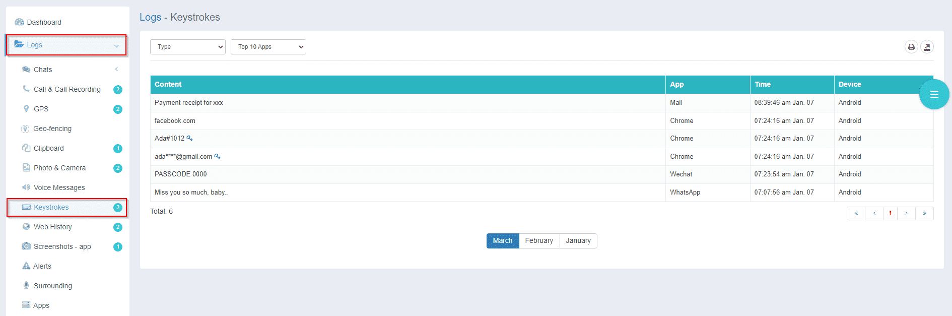 Logs - Keystrokes