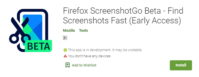 Firefox屏幕快照Go Beta
